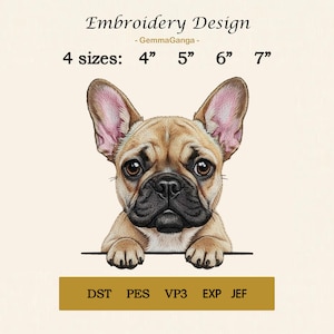 Può includere: Design per ricamo con un'illustrazione di un bulldog francese. Il design include il testo "Embroidery Design - GemmaGanga - 4 misure: 10cm 13cm 15cm 18cm" e i formati file DST, PES, VP3, EXP e JEF.
