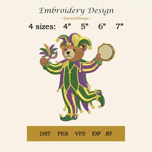 May include: Embroidery design featuring a bear dressed as a jester, holding a mask and tambourine. The bear wears a green, purple, and yellow outfit. The design is available in 4 sizes: 4", 5", 6", and 7".