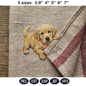 Op de afbeelding: Geborduurd ontwerp van een Golden Retriever puppy op een beige stof. De afbeelding bevat de tekst "5 maten: 3.8" 4" 5" 6" 7"" en de bestandstype afkortingen: PES, DST, EXP, JEF, VP3.