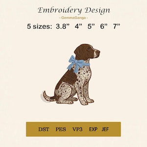 May include: Embroidery design featuring a seated dog with brown and white markings and a light blue bow. The design is available in five sizes: 3.8", 4", 5", 6", and 7". The text "Embroidery Design" and "- GemmaGanga -" are at the top. The bottom of the image shows the file types: DST, PES, VP3, EXP, and JEF.
