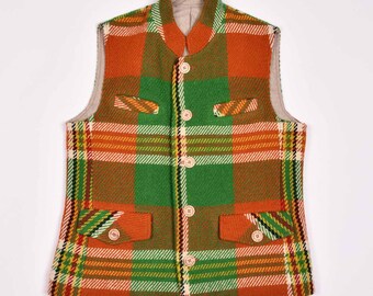 Woolen Vest For Men Made Of Traditional Bulgarian Rhodope Blanket, Green and Orange