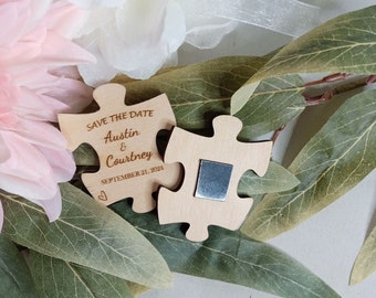 Engraved Wood Puzzle Save The Date: Rustic Wedding Magnet