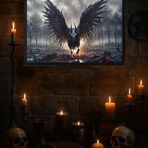 Crow Demon – Dark Ritual Spell / Gothic Wall Art Print – Horned Raven Skull – Mystical Fantasy Poster – Witchcraft & Occult Decor