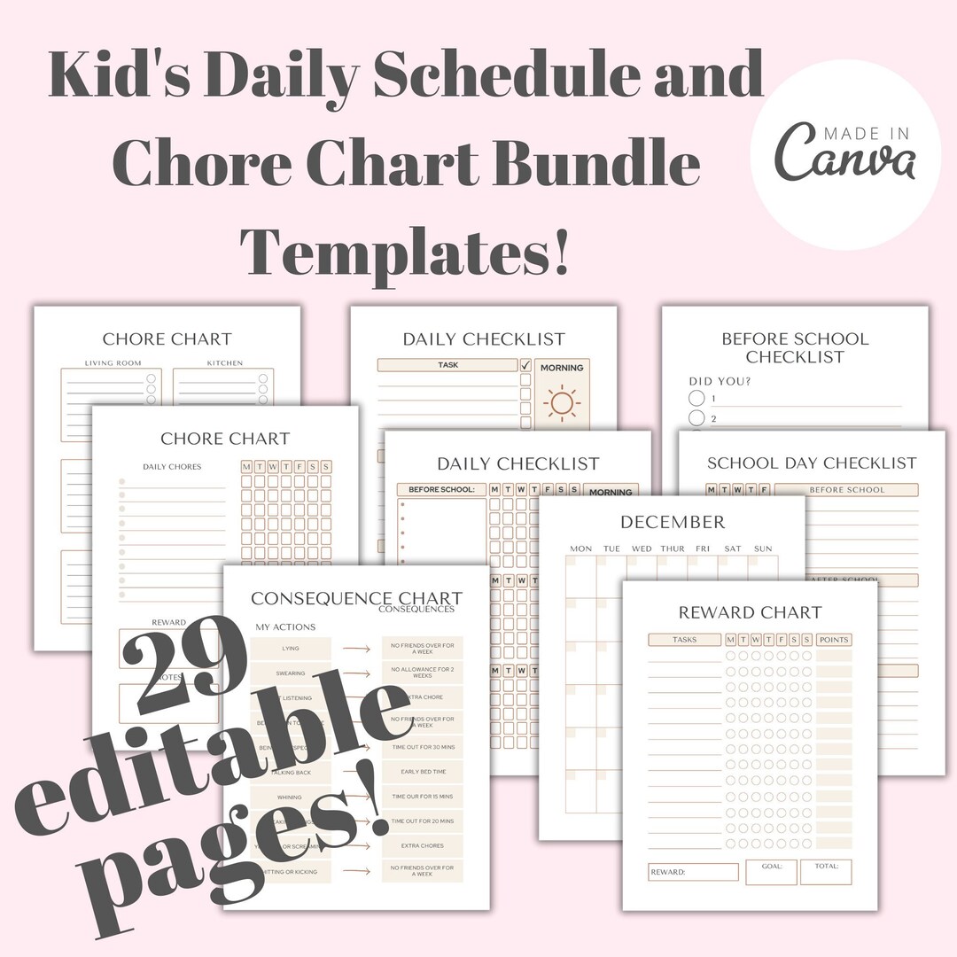 Chore Chart Template Bundle Daily Schedule List for Kids Printable ...