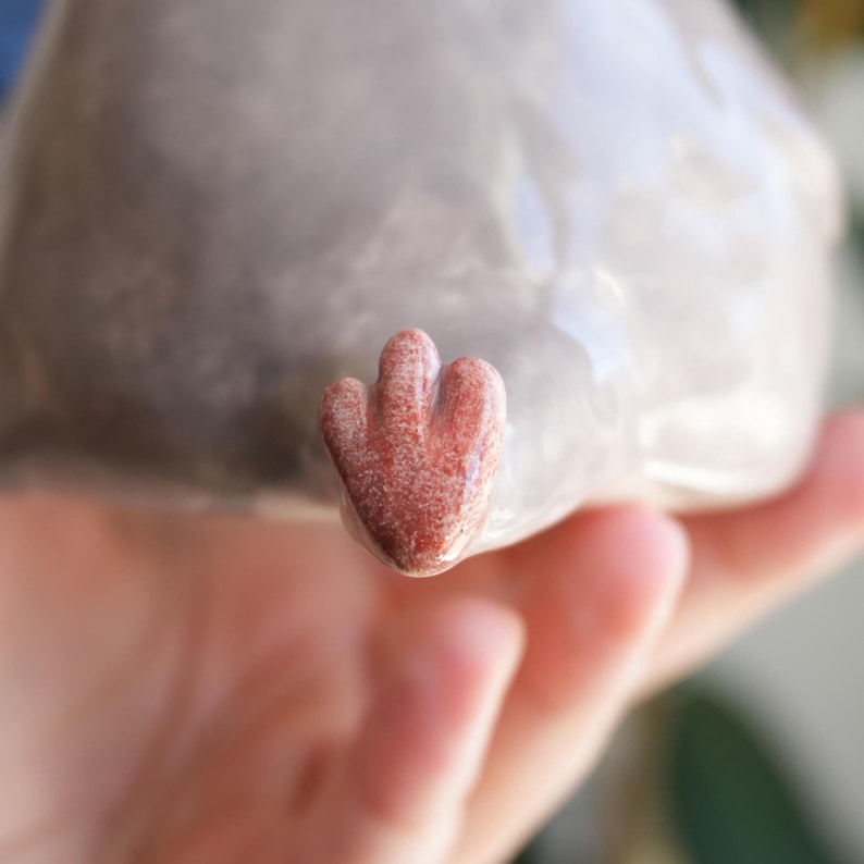 May include: A close-up of a ceramic bird figurine, showcasing its light gray body and a reddish-brown foot. The figurine is held in a hand, with the focus on the bird's details. The ceramic bird is a decorative item.