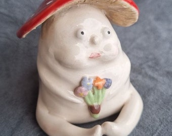 Ceramic Flower Mushroom Figurine, Collectible Mushroom, Quirky Fungi Figurine, Valentines Day Gift , Pottery Sculpture Art, Weird Human Face