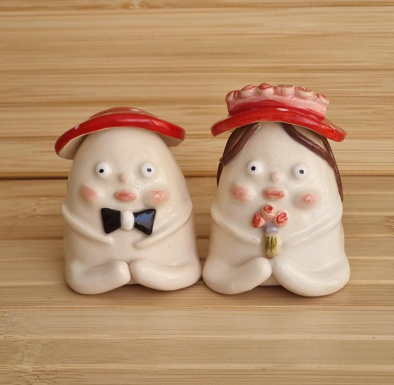 Wedding Mushroom Ceramic Figurine, Ceramic Weird Mushroom, Wedding Cake Topper, Bride & Groom, Ceramic Sculpture Statue, Newlywed Gift