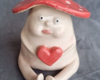 Ceramic Valentine Mushroom Figurine, Collectible Mushroom, Cute Fungi Figurine, Unique Decoration, Pottery Sculpture Art, Weird Human Face