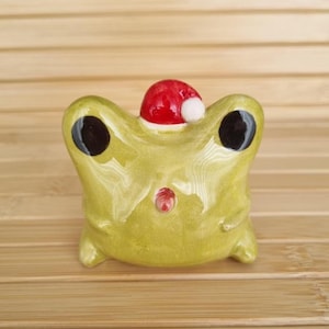 Handmade Christmas Frog Figurine, Ceramic Santa Hat Decor