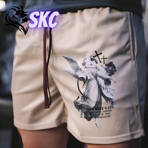 Men's Y2K Streetwear Mesh Gym Shorts Summer Fitness & Basketball, Angel Cross 3D Print, Quick Dry , Christian Faith Inspired Design image 3