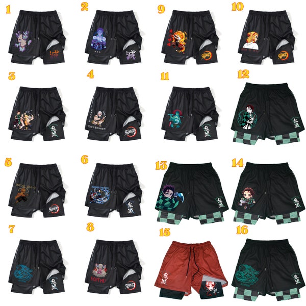 Demon Slayer Gym shorts - 2 in 1 mesh shorts , anime ,shorts , rengoku , tanjiro , zenitsu , inosuke