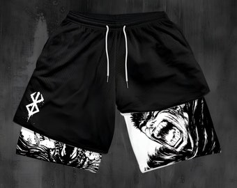 Anime Gym Shorts - Mens workout 2 in 1 mesh shorts