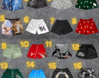 Herren Sommer Mesh Shorts, Herren Y2K Shorts, Basketball Shorts, Gym Shorts, Angel, Cross, NY, LA Quick Dry, Streetwear, Vintage