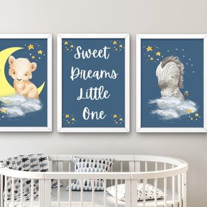 Kinderzimmer Dekor, Navy Blau Kinderzimmer Kunstwerk, Sweet Dreams Little One, Mond und Sterne, Safari Kinderzimmer Kunst Babyzimmer, Baby Boy Kinderzimmer Wandkunst