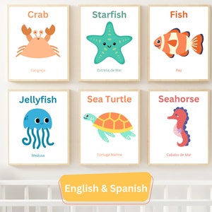 Sea Animals Nursery Wall Art, Bilingual Educational Posters, English & Spanish Under the Sea, Sea Animal Kids Bathroom Art, Kids Sea Artwork