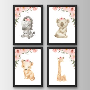 Floral safari animals I Baby girl nursery decor Animal nursery prints I Peach Floral nursery prints I safari nursery decor Printable Digital