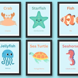 Sea Animals Bilingual Educational Posters Wall Art, English Spanish Kids Playroom Wall Art, Sea Animal Bathroom Art, Under the Sea Kids Art