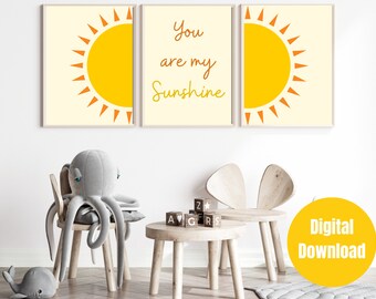 Conjunto de 3 niños Eres mi Sunshine Nursery Wall Art I Habitación para niños brillante y colorida / Vivero Sunshine Imágenes de pared digitales imprimibles instantáneas
