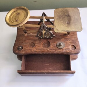 Postal Scale Vintage with Weights.  Brass and Wood Scales with Drawer. Postal Balance Letter Scale.