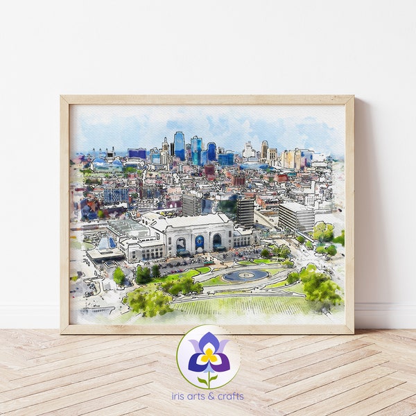 Kansas City Missouri Union Station Skyline, Printable Watercolor Painting, Instant Download, USA Travel Art, Home Decor, American Wall Art