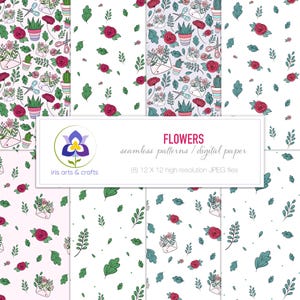 May include: Eight digital paper patterns featuring floral designs with red roses, green leaves, and white envelopes. The patterns are seamless and ideal for crafting projects.