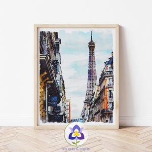 Printable Eiffel Tower Paris Wall Art Print, Watercolor Painting, Street Scene, Travel Art, Instant Download, France Print, Urban Home Decor