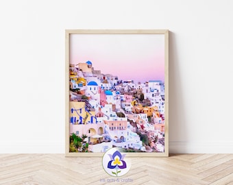 Printable Santorini Skyline Watercolor Painting, Greece Travel Wall Art, Digital Download, Home Decor, Sunset Greek Houses