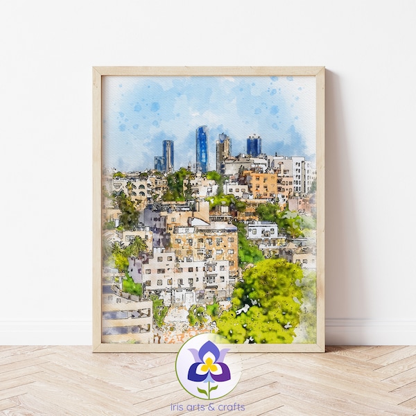 Printable Amman Skyline Watercolor Painting, Middle East Kingdom of Jordan, Arab World Travel Souvenir, Instant Download Home Decor Wall Art