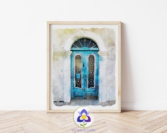 Printable Larnaca Cyprus Blue Door Watercolor Painting, Wall Art, Digital Download, Printable Art, Cyprus House, Art Print Home Decor