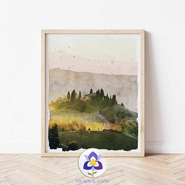 Printable Tuscany Italy, San Quirico d'Orcia, Watercolor Painting, Instant Download, Art Poster, Home decor Travel Wall Art, Digital Print