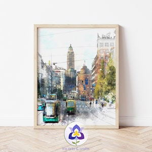 Finland Helsinki Watercolor Painting, Street Scene, Watercolor Cityscape, Instant Download Wall Art, Urban Painting, Tram Home Decor
