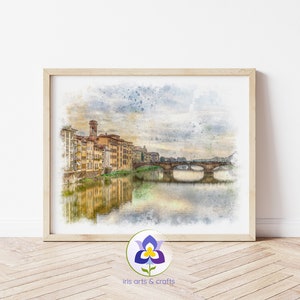 Pintura de acuarela de Florencia imprimible, río Arno, Ponte Vecchio, impresión de arte de descarga instantánea Italia decoración del hogar regalo de Florencia imprimible