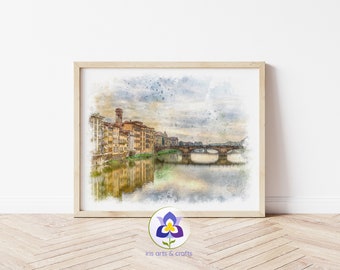 Printable Florence Watercolor Painting, Arno River, Ponte Vecchio, Instant Download Art Print Italy Home Decor Printable Florence Gift