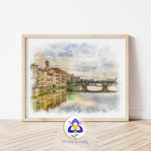 Printable Florence Watercolor Painting, Arno River, Ponte Vecchio, Instant Download Art Print Italy Home Decor Printable Florence Gift