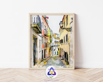 Acquerello di Lisbona, Portogallo, arte di viaggio in Europa (download digitale stampabile)