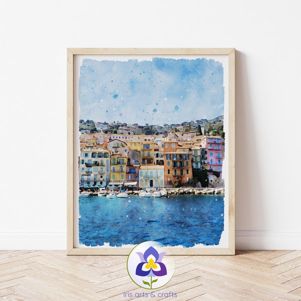 Nice France Watercolor Painting Print, Instant Download, Wall Art, Landscape Painting, Mediterranean sea Watercolor, France Art Print