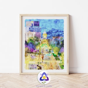 Boise Skyline Watercolor Painting, Vibrant & Colorful Artwork, Printable USA Travel Art, 3 Sizes Available, Instant Download Wall Home Decor