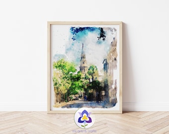 Charleston South Carolina Skyline Watercolor Print, Travel Art (Digital Download)