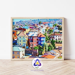 Valparaíso Chile, Malarstwo akwarelowe, Domy w Valparaiso, Sztuka podróżnicza Ameryki Południowej, Natychmiastowe pobieranie, Sztuka ścienna do druku