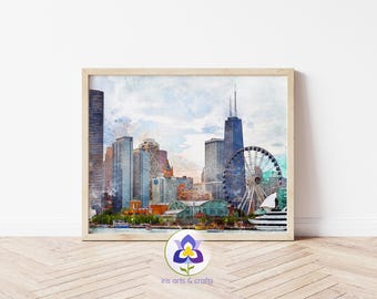 Chicago Skyline Watercolor Painting, Printable Art, Navy Pier Print Chicago painting Chicago Wall Art Instant Download Cityscape Home Decor