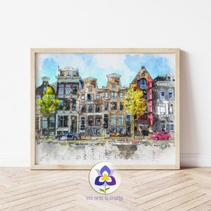 Amsterdam Houses Watercolor Painting, Printable Wall Art, Instant Download Home Decor, Urban Watercolor Sketch, Amsterdam Canal, Netherlands