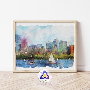 Horizonte de Boston imprimible, barcos de la explanada del río Charles, pintura de acuarela, descarga digital instantánea, impresión de Massachusetts, decoración del hogar
