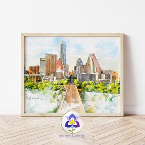 Printable Austin Skyline, Austin Texas, Watercolor Painting, Instant Download, Printable Austin, Lake Watercolor, Digital Download, Wall Art