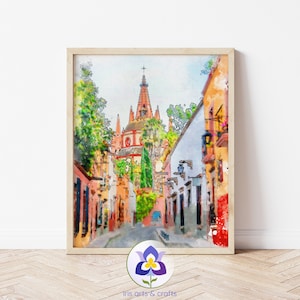 Imprimível San Miguel de Allende, Guanajuato México Pintura, Arte em parede em aquarela, Decoração de casa, Download instantâneo, Arte de viagem colorida