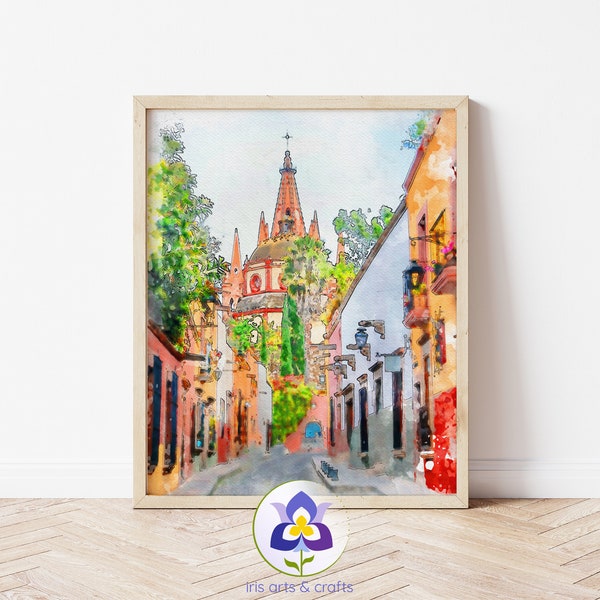 Imprimible San Miguel de Allende, Guanajuato México Pintura, Arte de pared de acuarela, Decoración del hogar, Descarga instantánea, Arte de viaje colorido