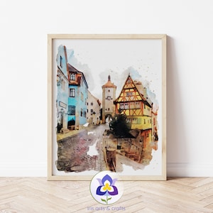 Rothenburg Ob Der Tauber Germany Houses Watercolor Painting Printable Instant Digital Download Urban Home Decor Bavaria Travel Wall Art
