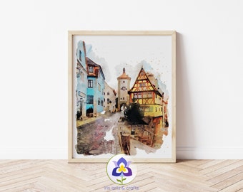 Rothenburg Ob Der Tauber Germany Houses Watercolor Painting Printable Instant Digital Download Urban Home Decor Bavaria Travel Wall Art