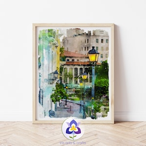 Printable Old San Juan, Puerto Rico Watercolor Painting, Wall Art, Home Decor, Digital Art, Instant Download, Street Lamp scene, Travel Art