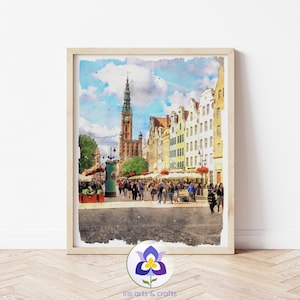Printable Gdansk Poland Watercolor Painting, Europe Gift, Clock Tower Buildings, Instant Download, Travel Wall Art, Gdansk Urban Art Print