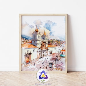 Printable Quito Ecuador, San Francisco Church, Instant Download Watercolor Sketch, Home decor Wall Art, Digital Travel Art, South America